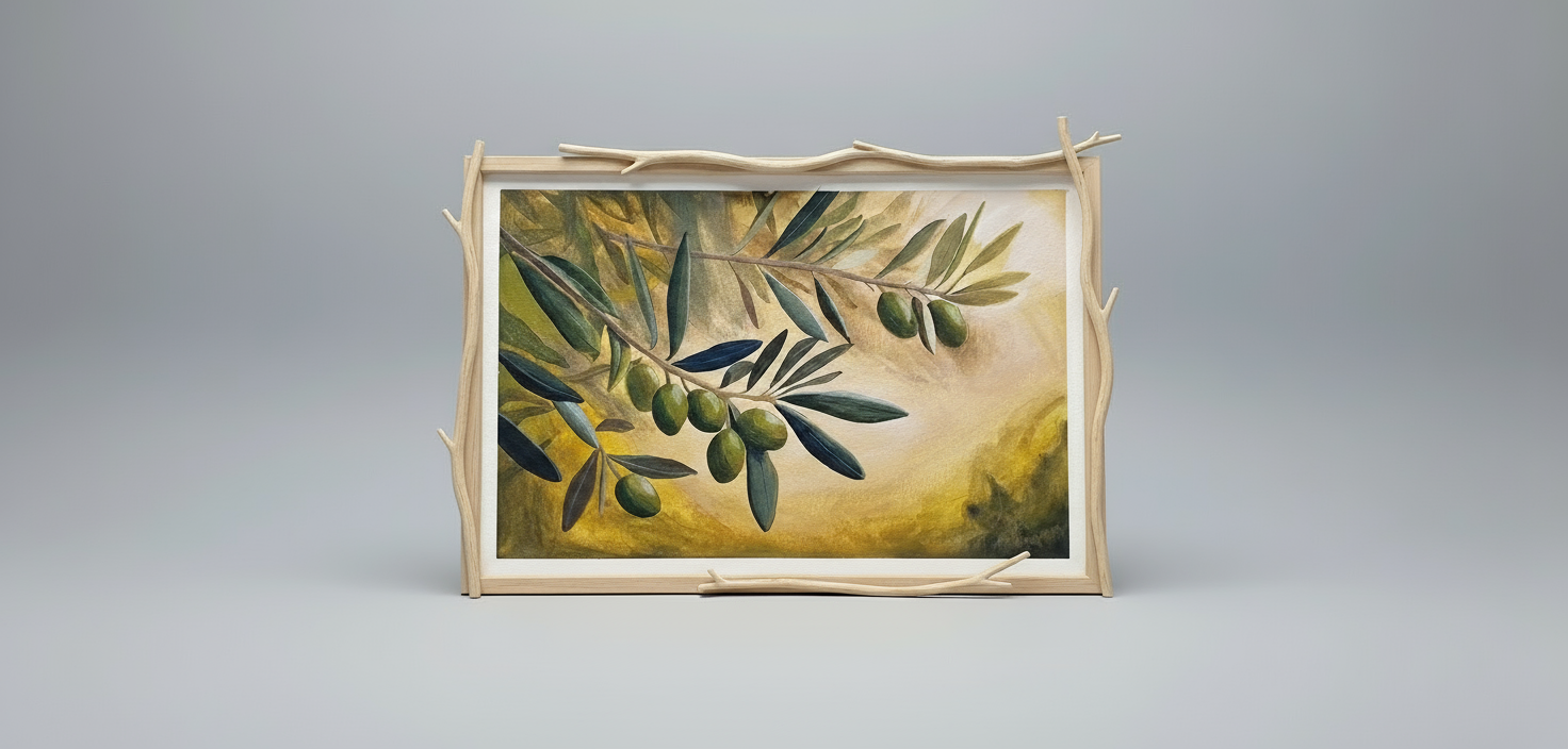 Light shining on olive branches and olives watercolor, wood frame, gray background