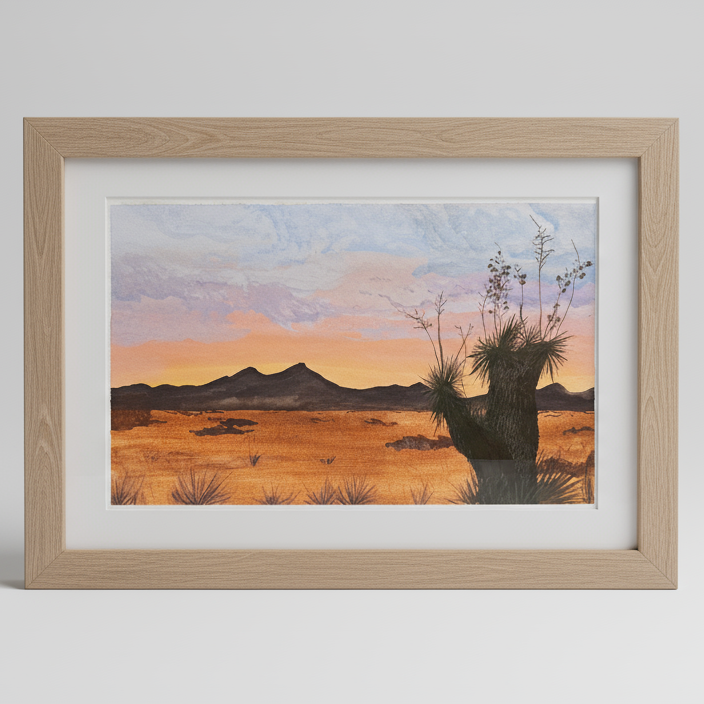 Desert sunset of pyramid mountains and yucca plant gouache and watercolor art, wood frame, gray background