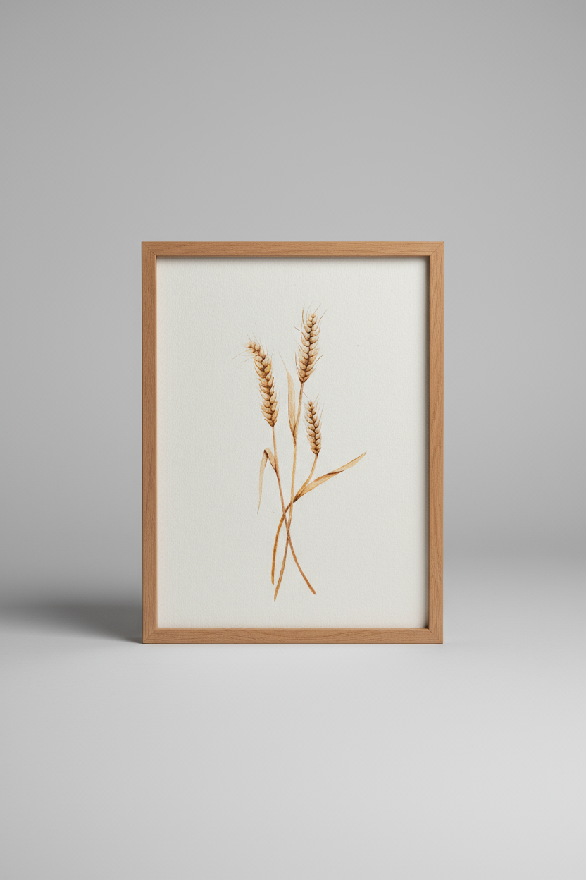 Framed artwork of wheat stalks on a gray background